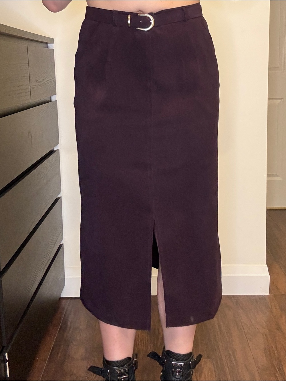 High-Waist Purple Pencil Skirt with Front Slit (Belt Included)